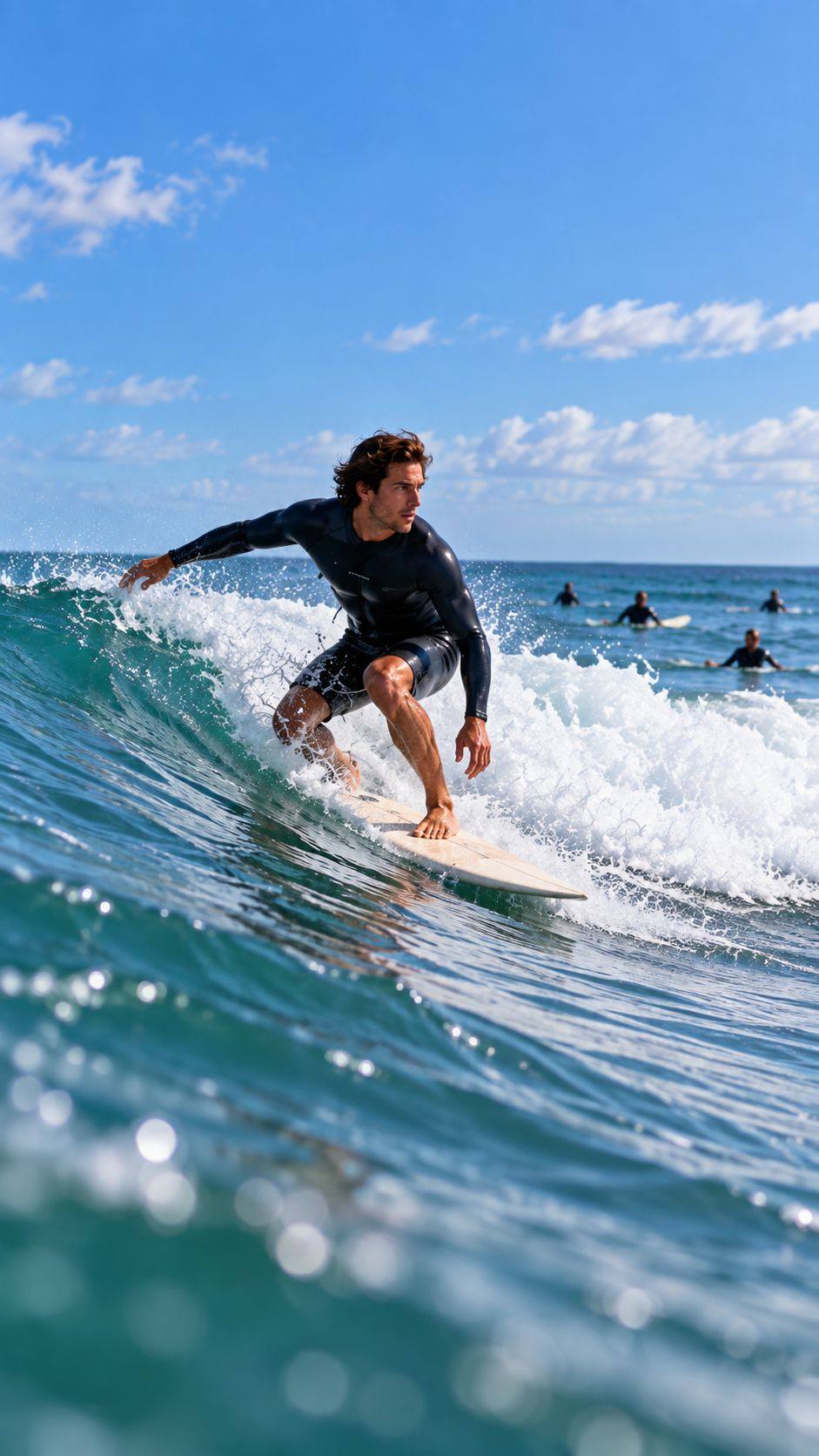 Surfer riding a wave on a sunny day