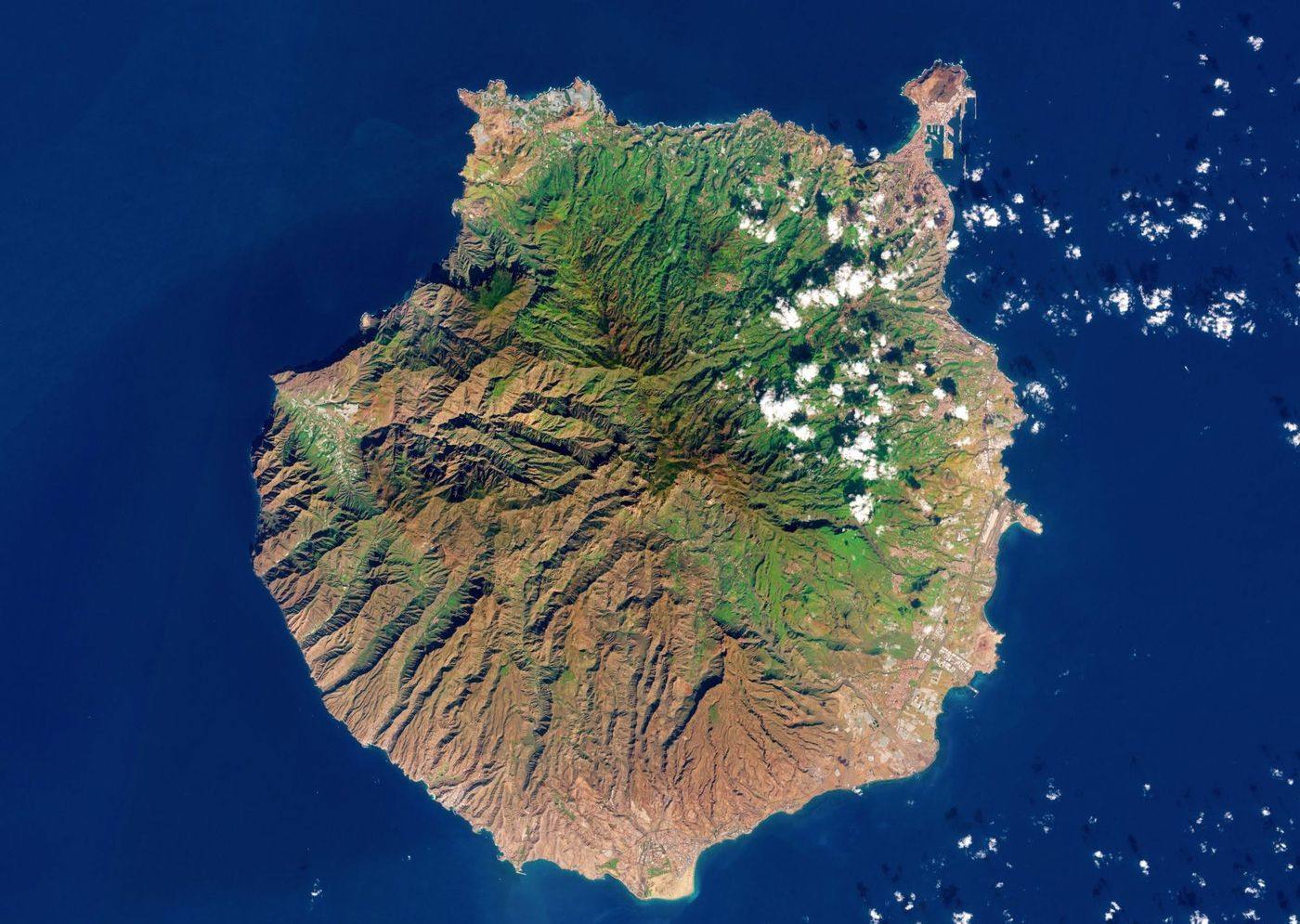 Satellite view of Gran Canaria surrounded by the Atlantic Ocean