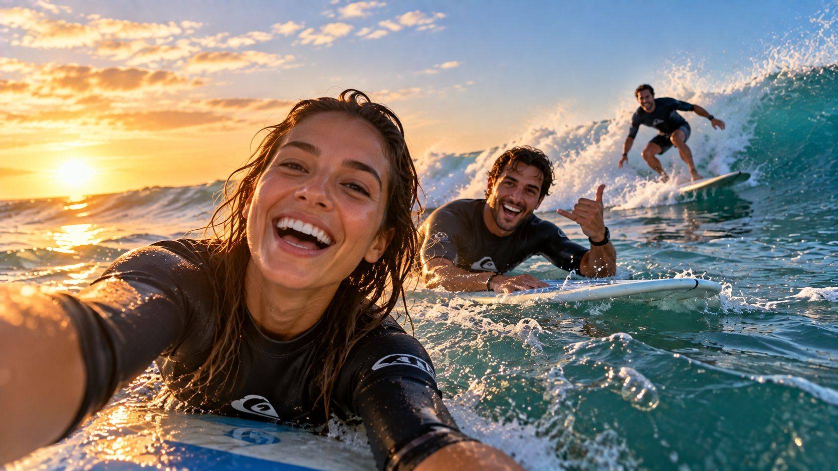 Three friends laughing in the water on their surfboards at sunset, one riding a wave behind them