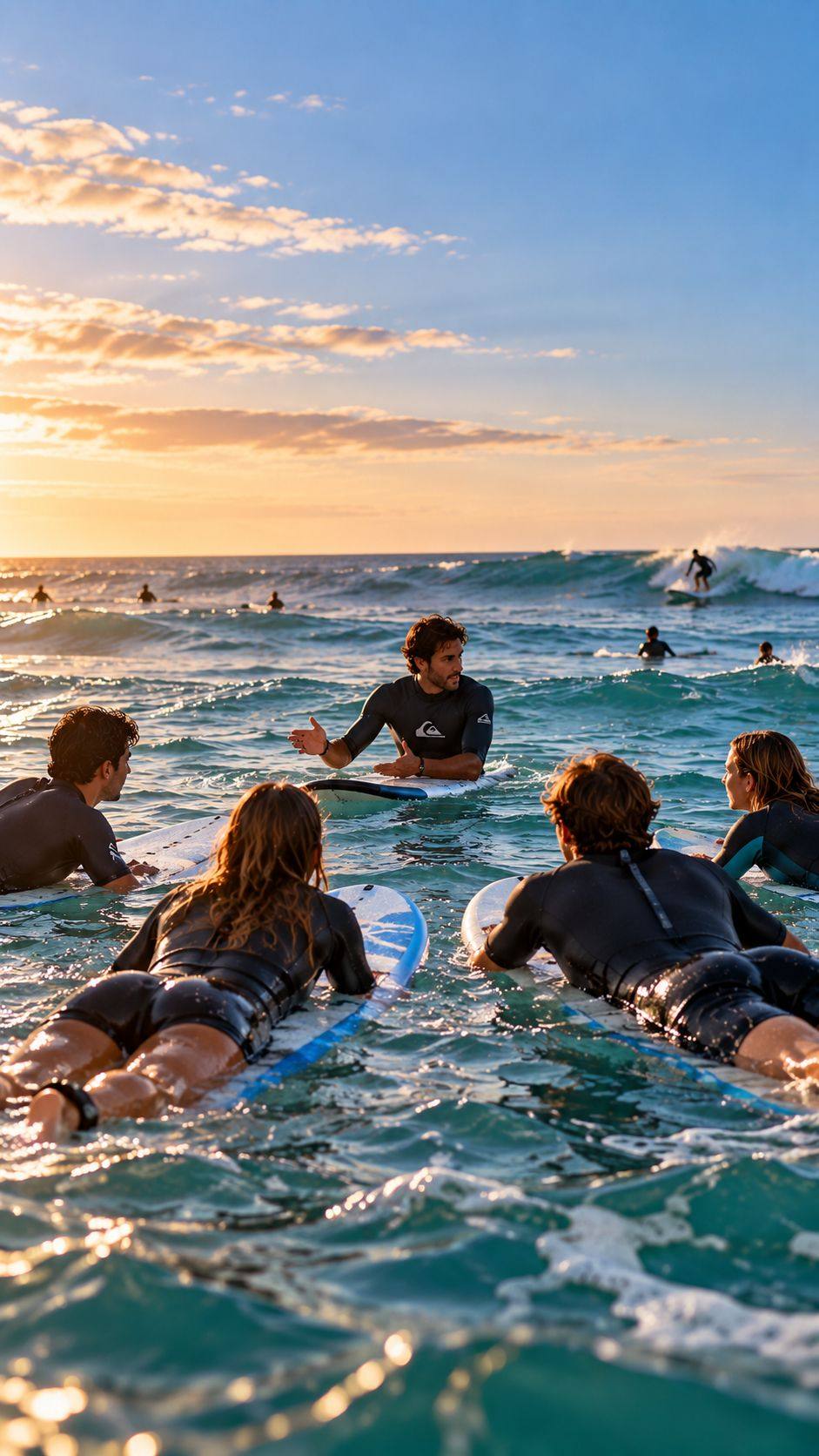 Surf instructor explaining to a group lying on their boards in the sea